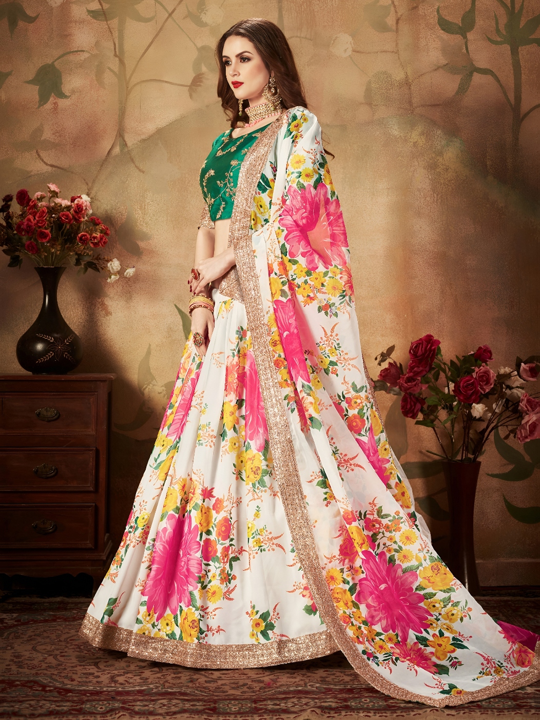 Off-White Green Floral Organza Lehenga Choli