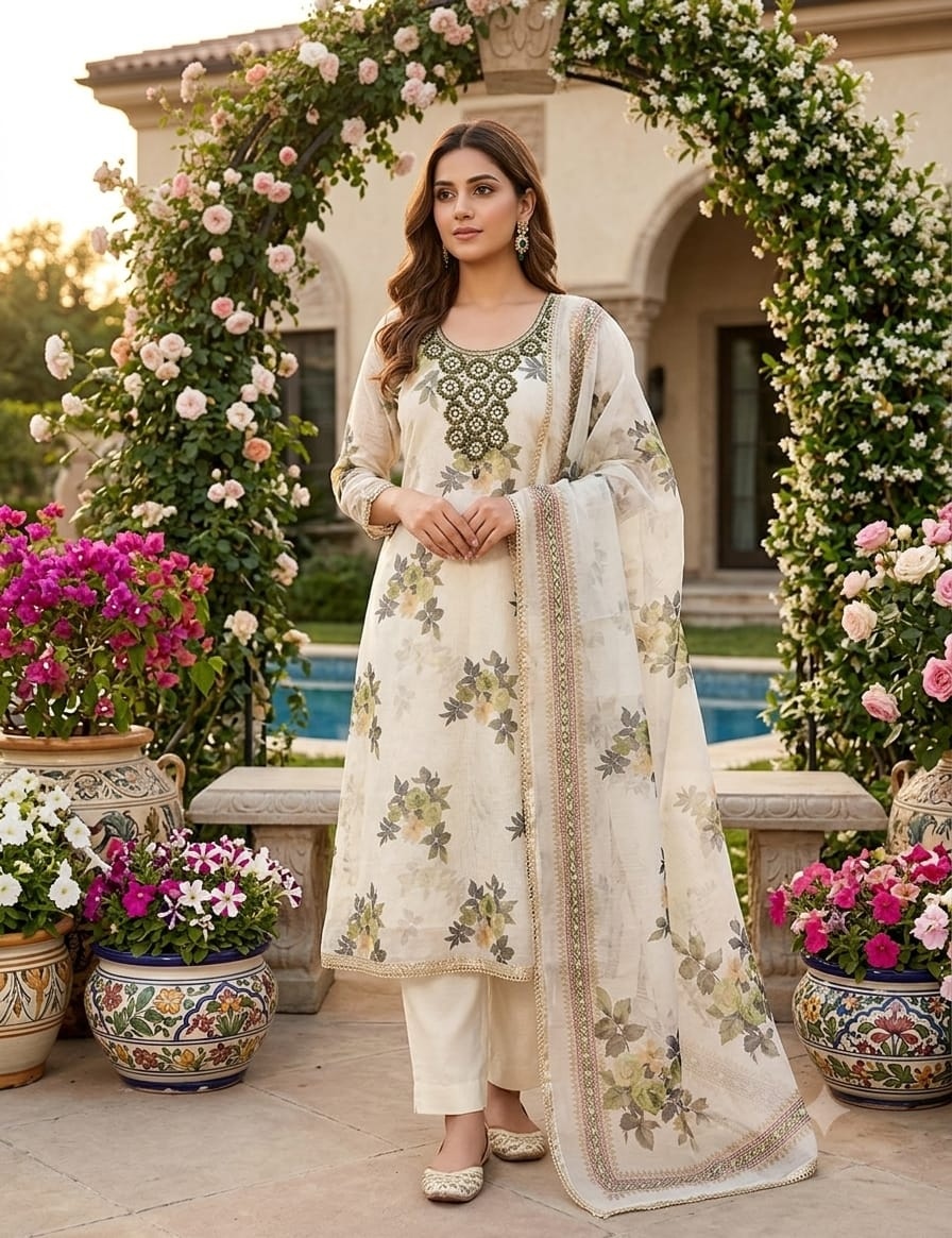 Off White Green Floral Printed Shimmer Straight Suit