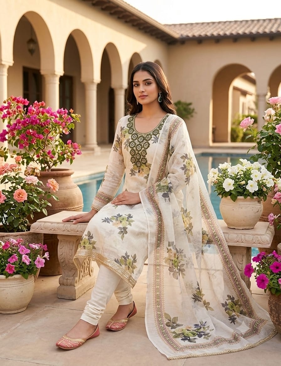 Off White Green Floral Printed Shimmer Straight Suit — alternate view