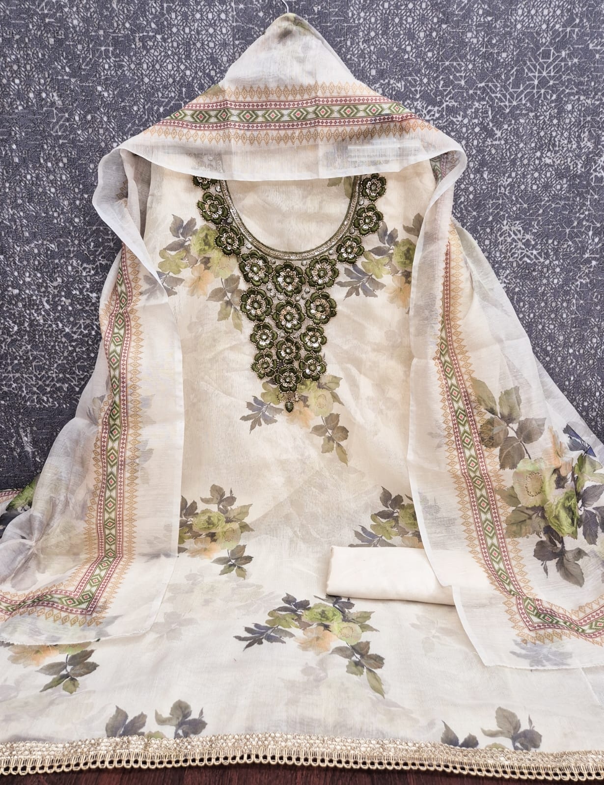 Off White Green Floral Printed Shimmer Straight Suit