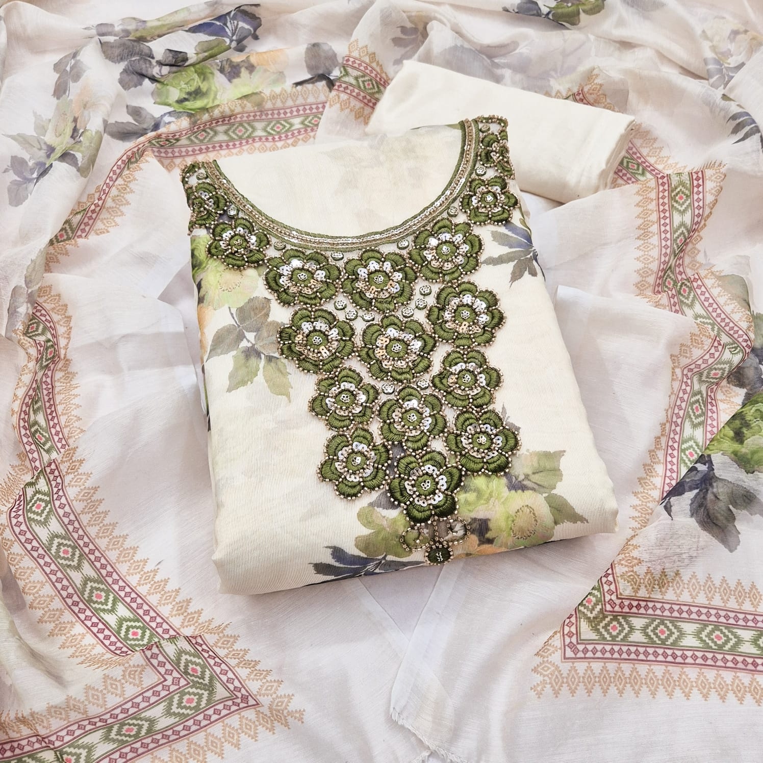 Off White Green Floral Printed Shimmer Straight Suit