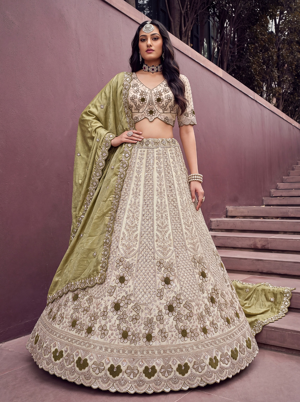 Off White Green Floral Silk Bridal Lehenga