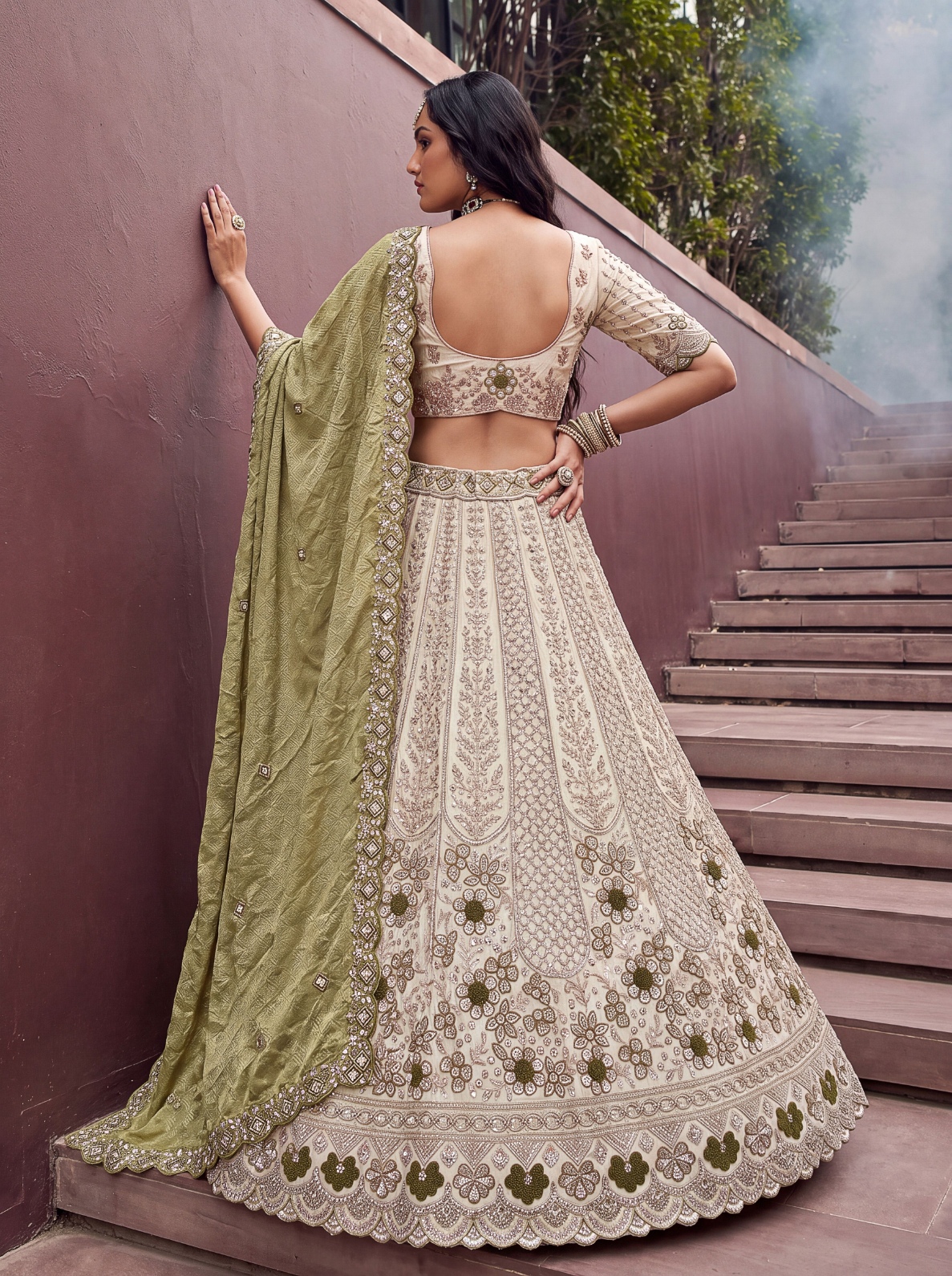 Off White Green Floral Silk Bridal Lehenga — alternate view
