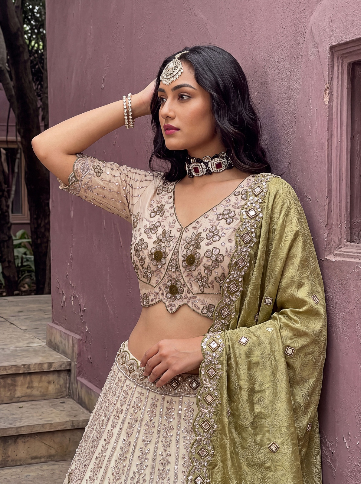 Off White Green Floral Silk Bridal Lehenga