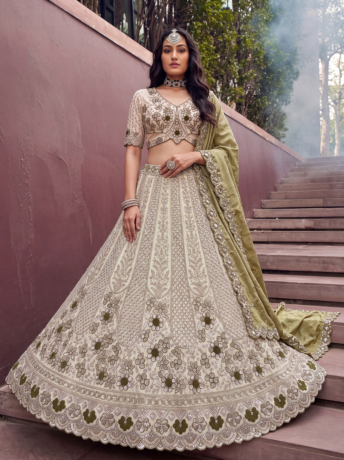 Off White Green Floral Silk Bridal Lehenga