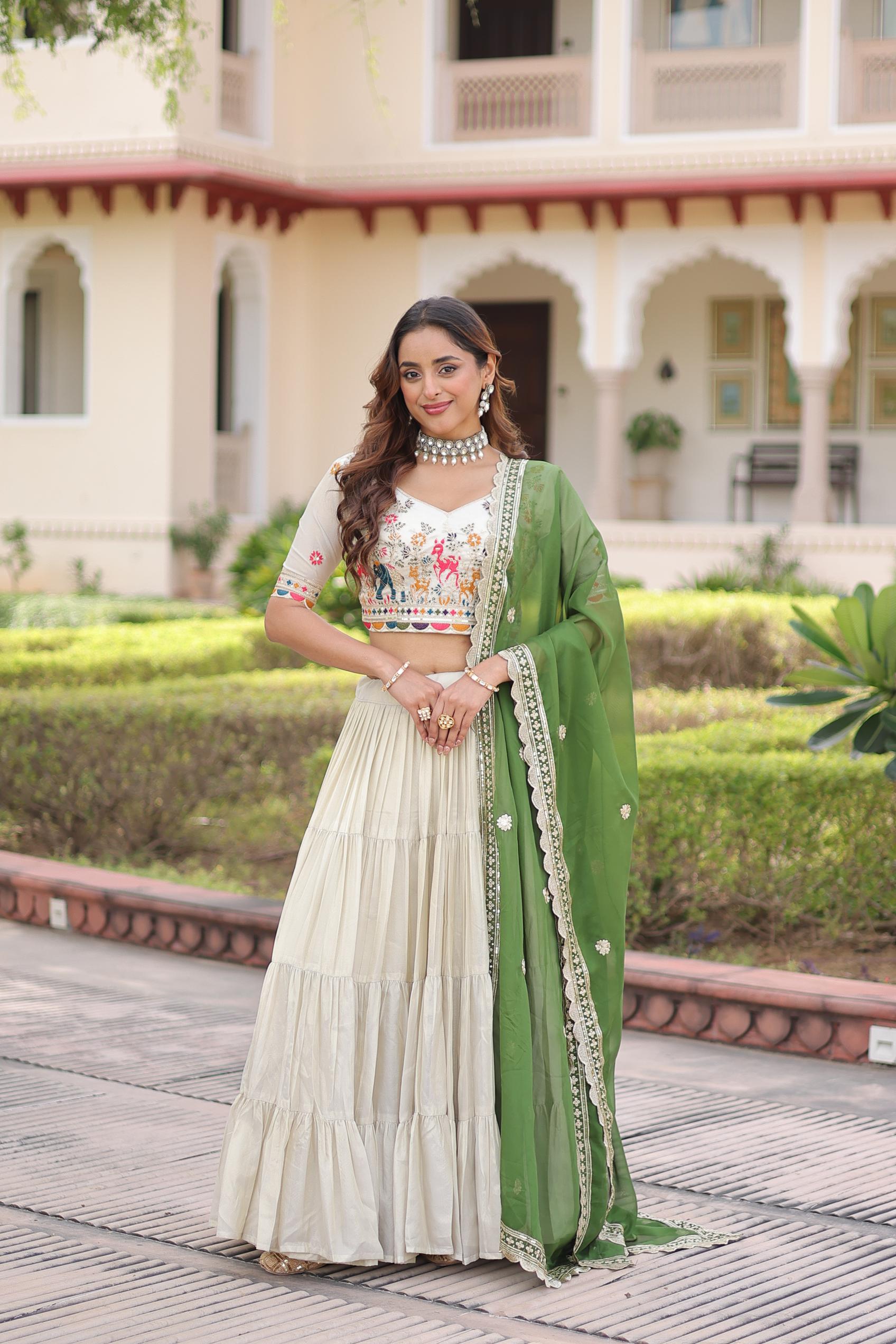 Off White Green Thread Embroidered Cosmos Silk Lehenga Choli