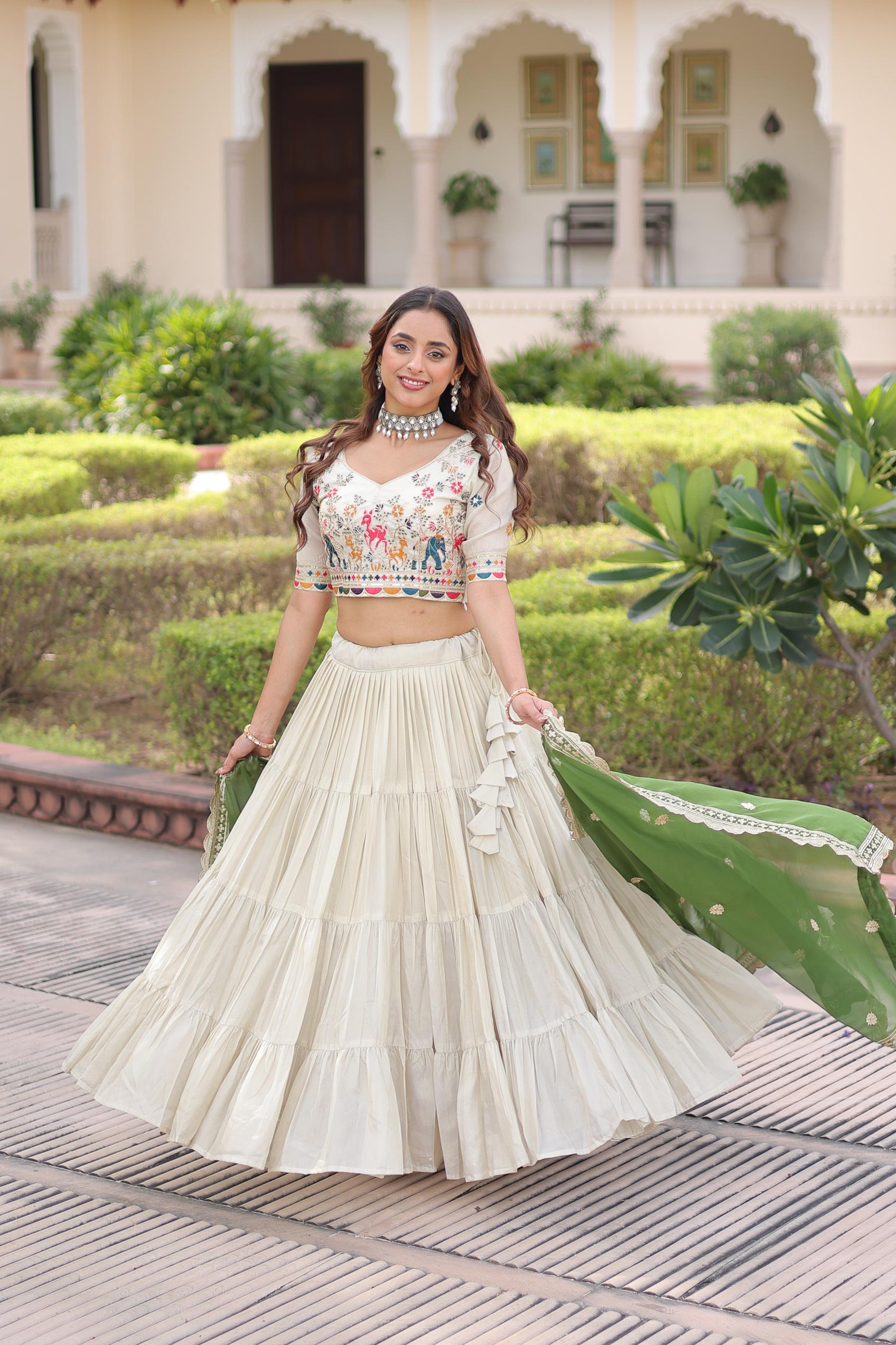Off White Green Thread Embroidered Cosmos Silk Lehenga Choli — alternate view