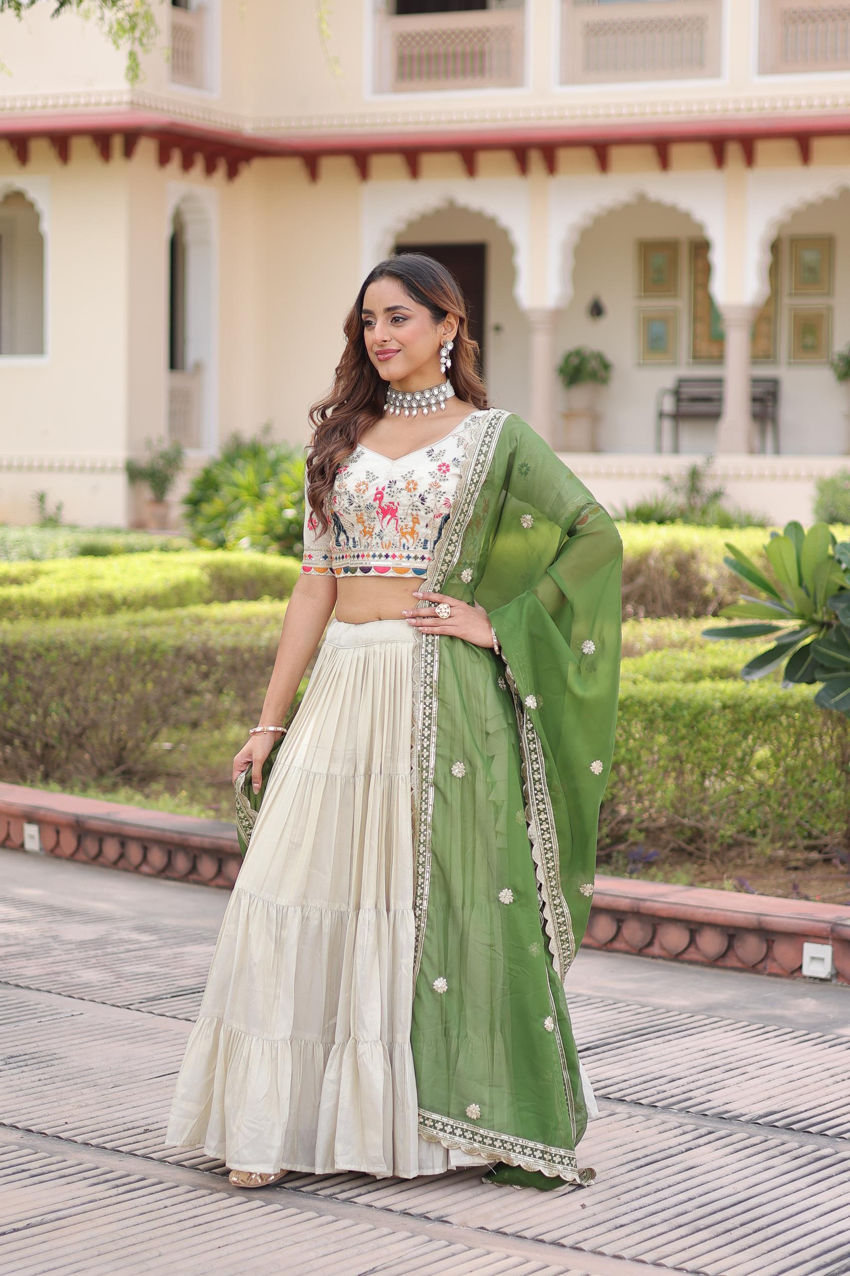 Off White Green Thread Embroidered Cosmos Silk Lehenga Choli