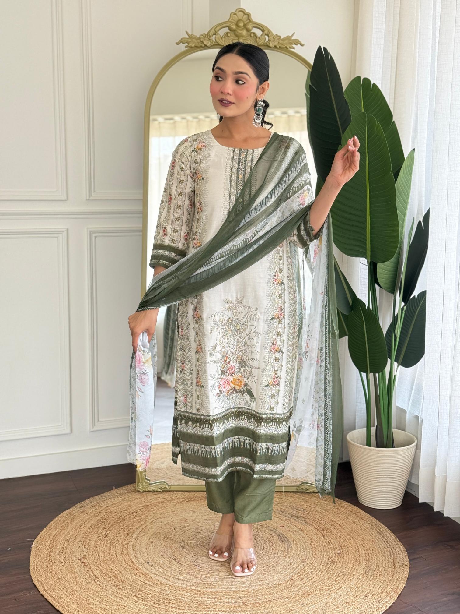 Off White Green Viscose Modal Salwar Suit