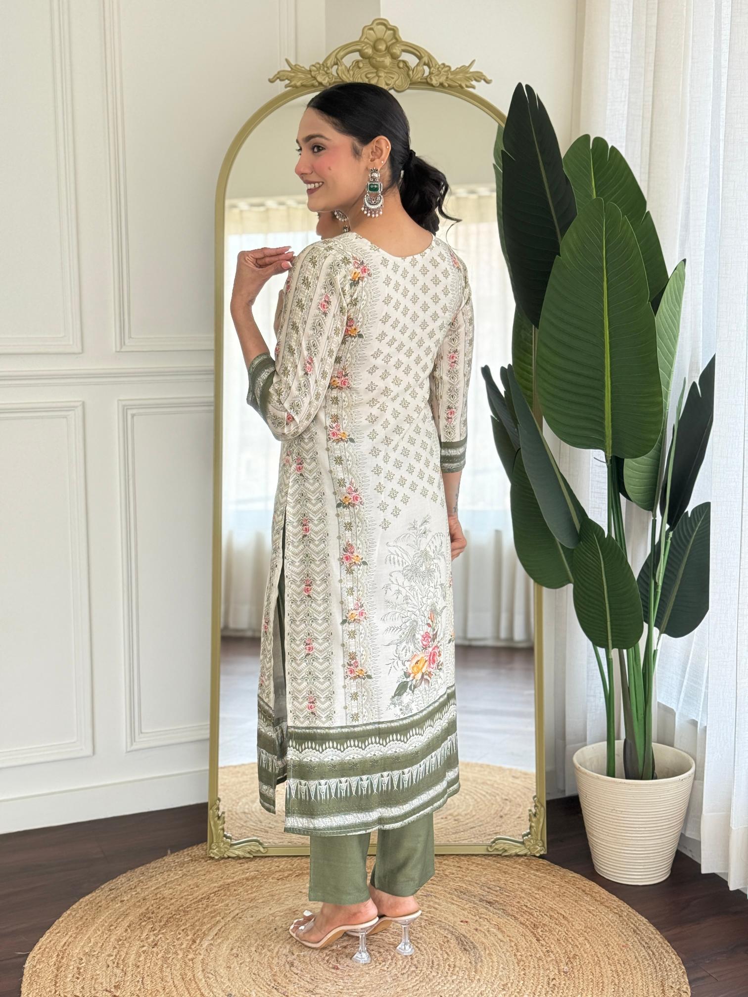 Off White Green Viscose Modal Salwar Suit — alternate view