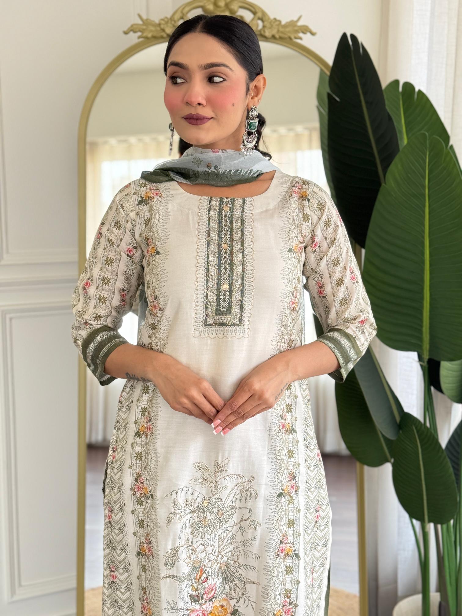 Off White Green Viscose Modal Salwar Suit