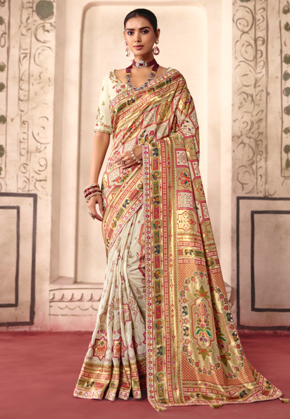 Off White Heavy Embroidery Sequin Dola Silk Saree