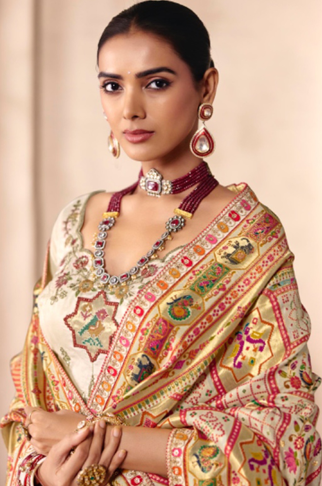 Off White Heavy Embroidery Sequin Dola Silk Saree — alternate view