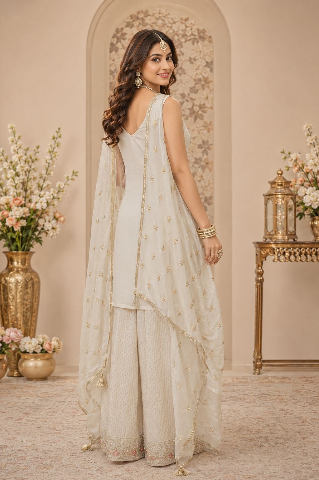 Off White Heritage Embroidered Georgette Sharara Suit — alternate view