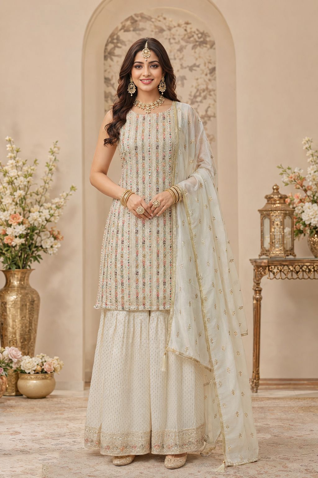 Off White Heritage Embroidered Georgette Sharara Suit