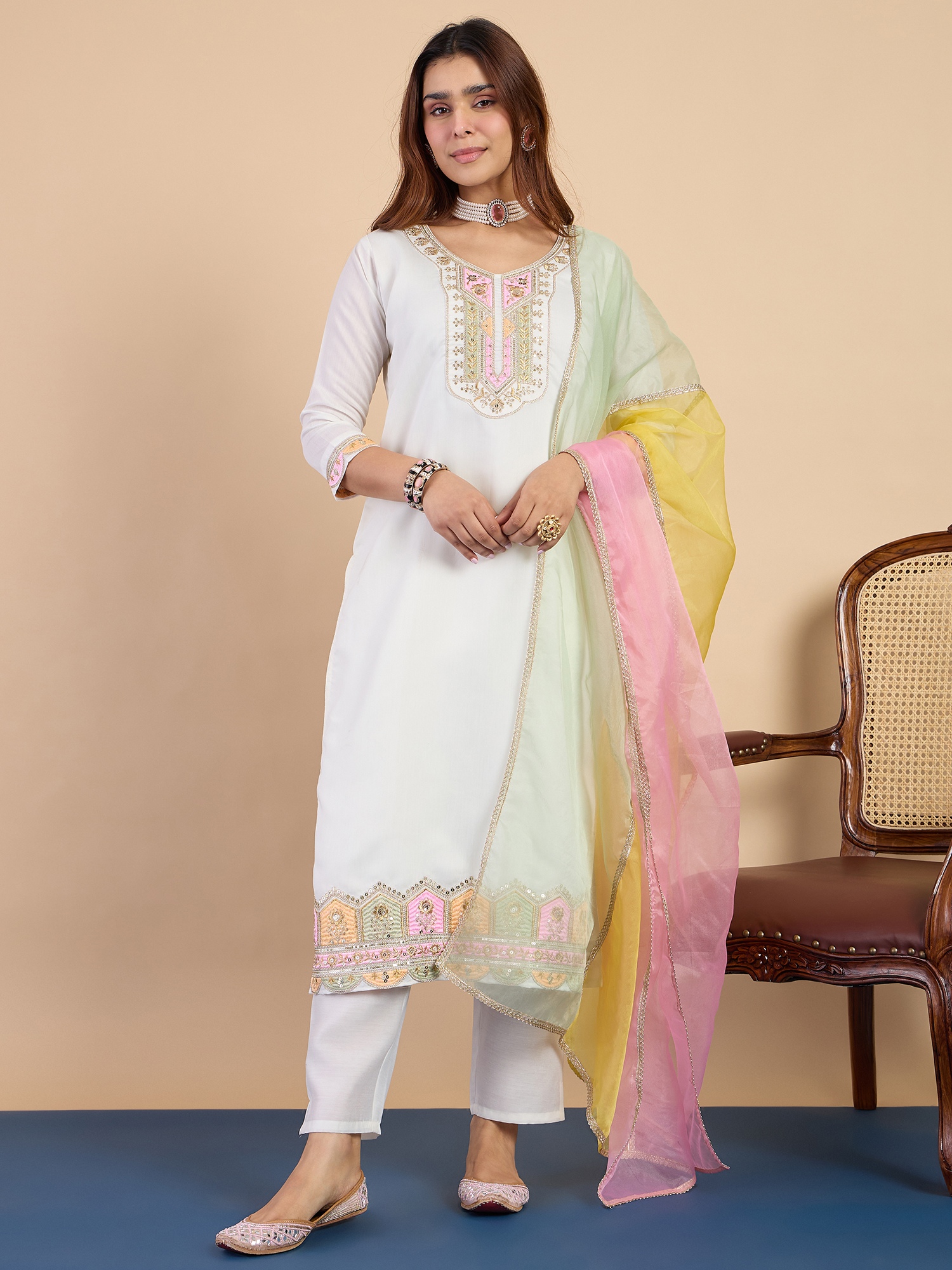 Off White Heritage Embroidered Silk Blend Kurta Set