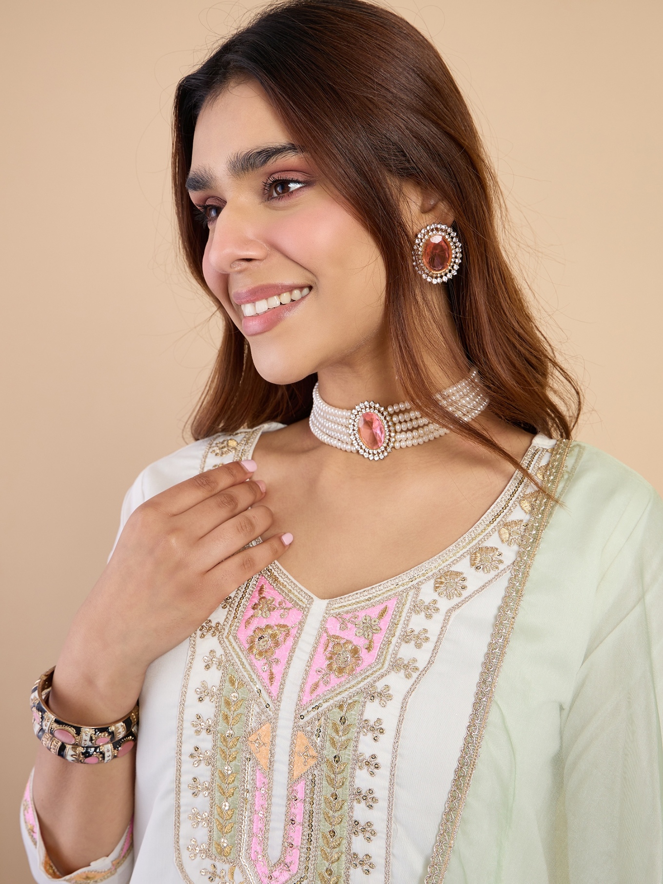 Off White Heritage Embroidered Silk Blend Kurta Set