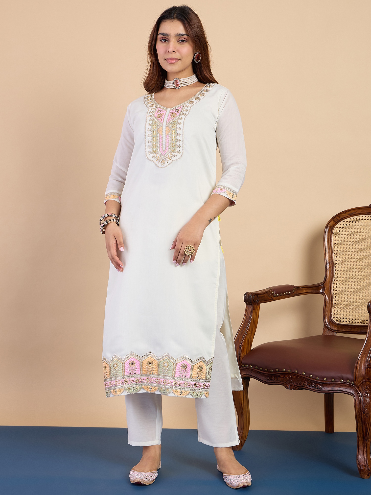 Off White Heritage Embroidered Silk Blend Kurta Set