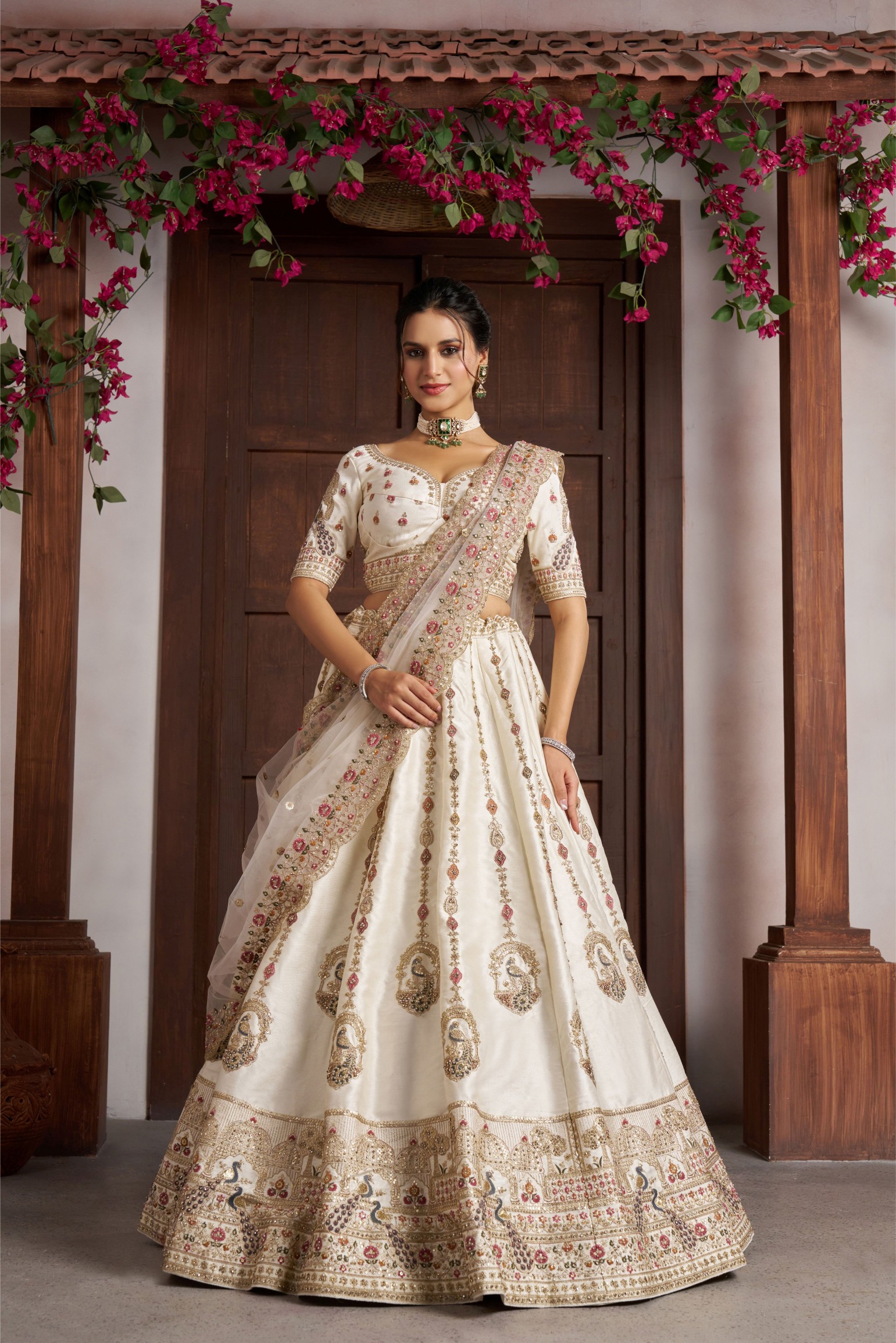 Off White Heritage Embroidery Silk Panelled Lehenga Choli