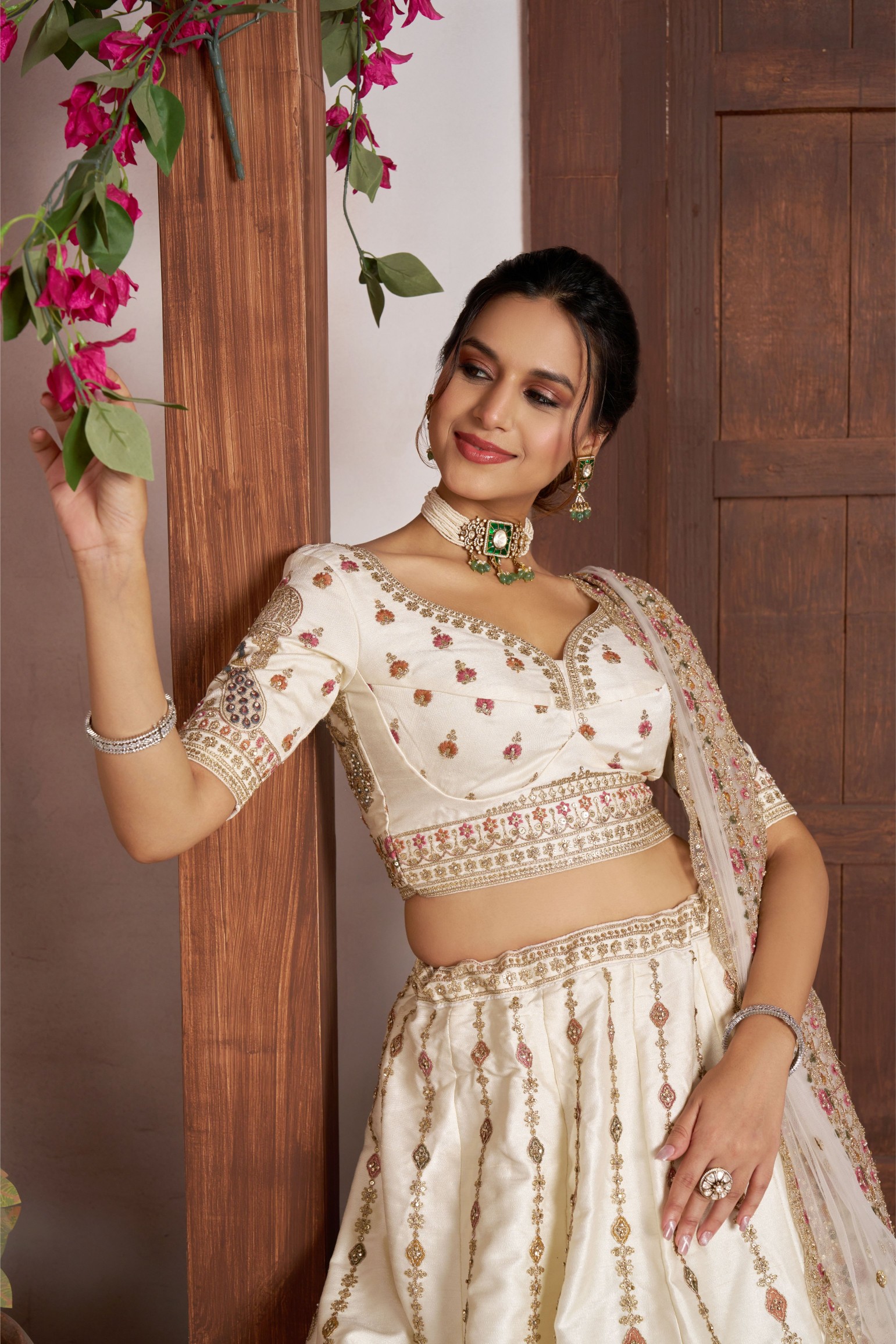 Off White Heritage Embroidery Silk Panelled Lehenga Choli
