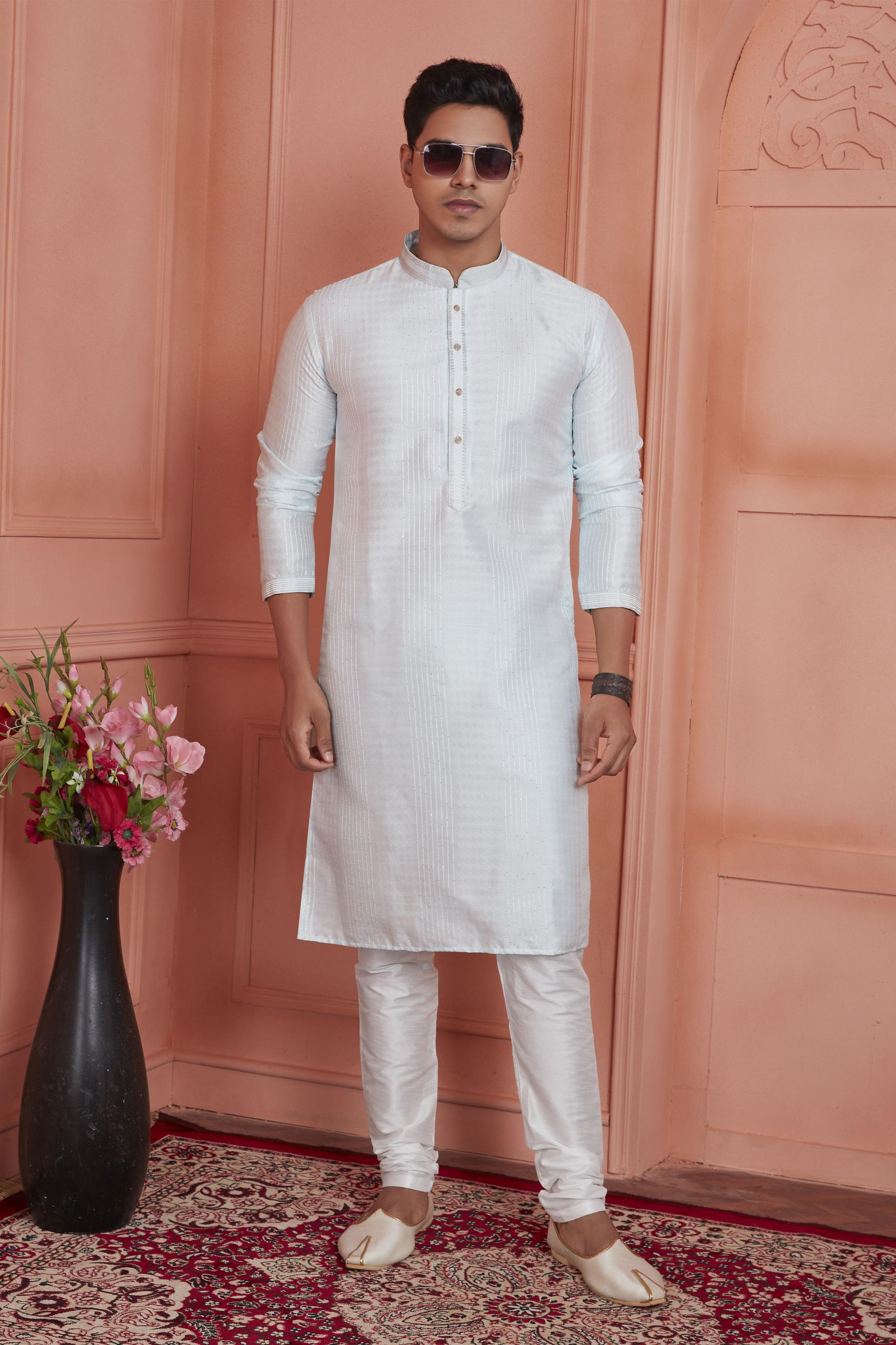 Off White Jacquard Silk Embroidered Kurta Pyjama — alternate view