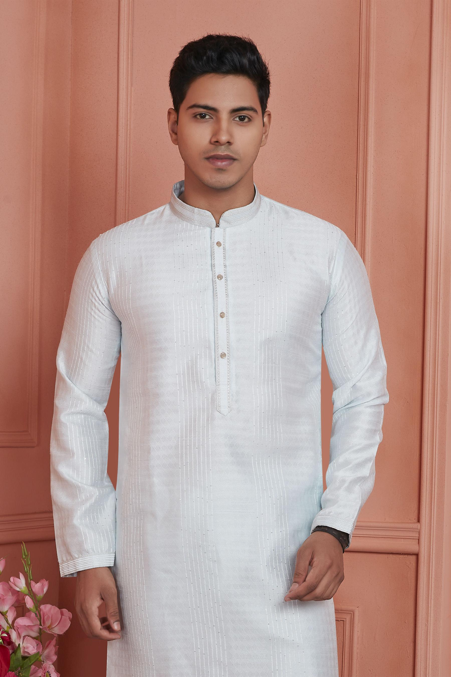 Off White Jacquard Silk Embroidered Kurta Pyjama