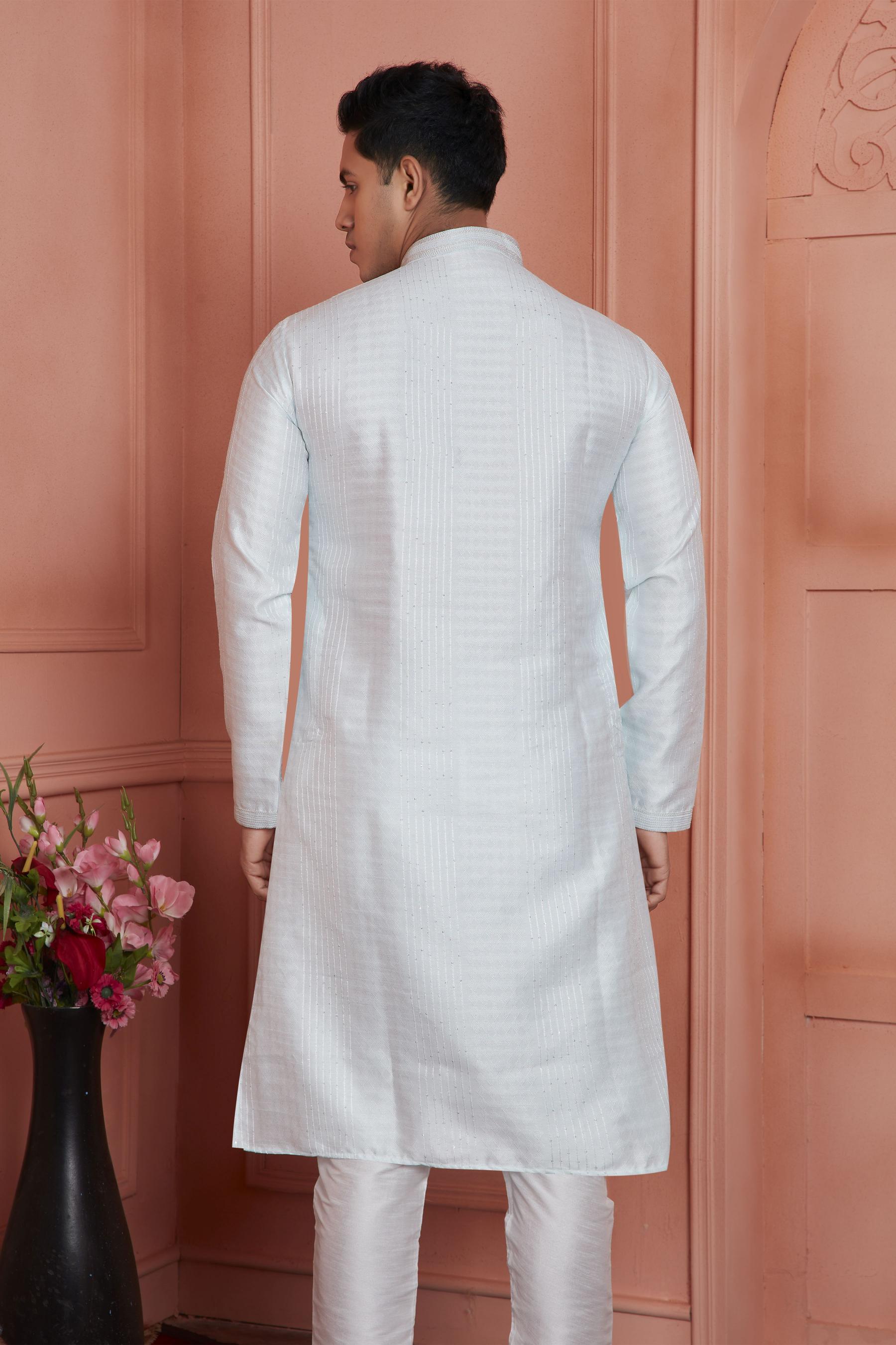 Off White Jacquard Silk Embroidered Kurta Pyjama