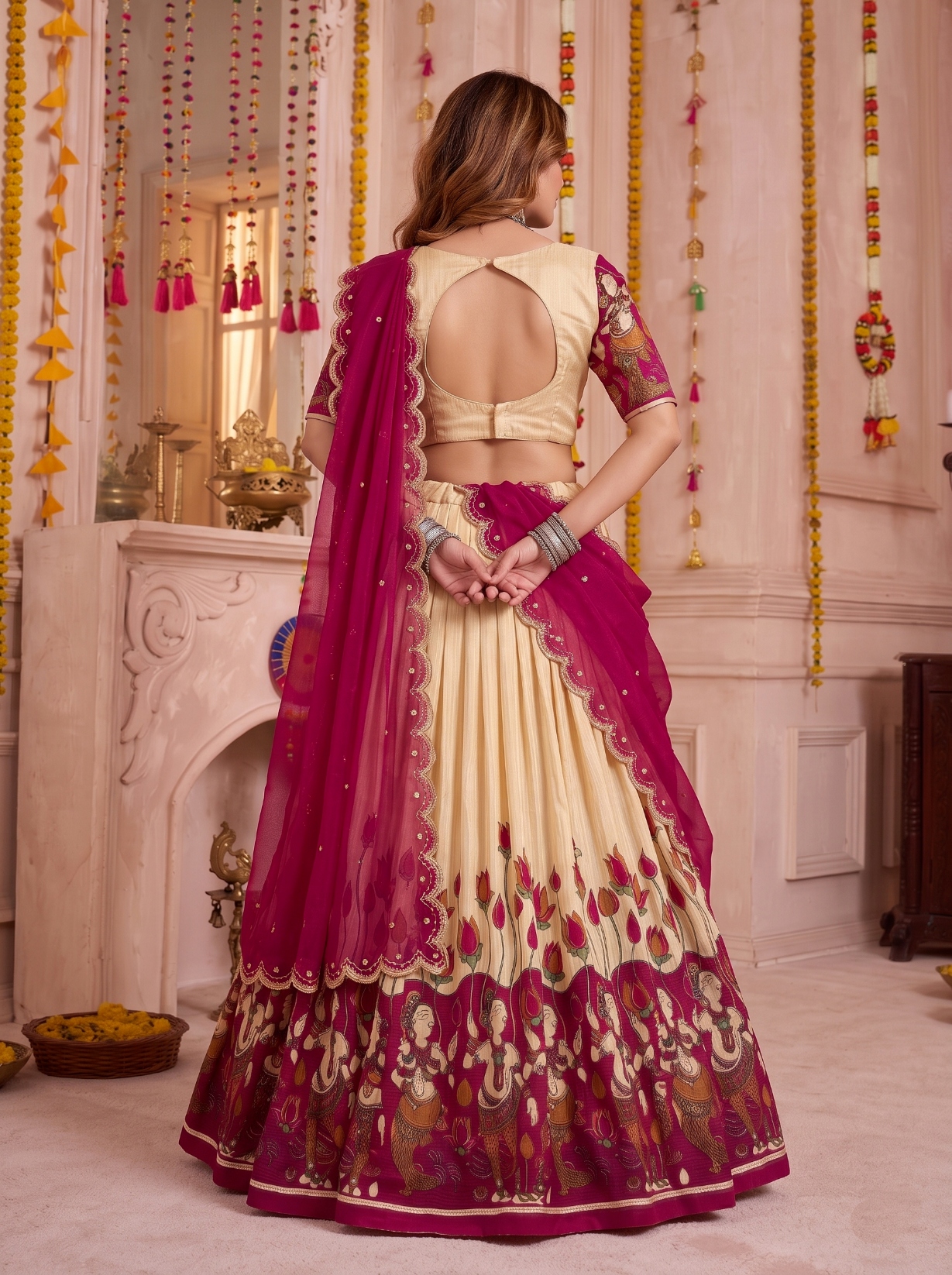 Off White Kalamkari Print Tasar Silk Lehenga Choli — alternate view
