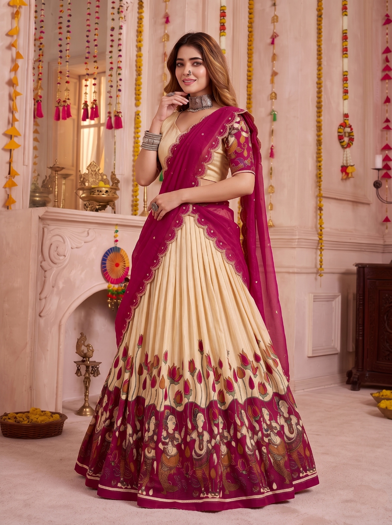 Off White Kalamkari Print Tasar Silk Lehenga Choli