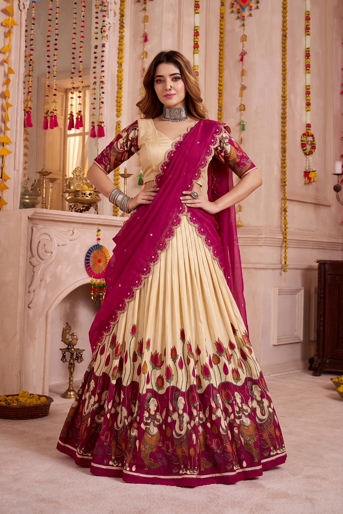 Off White Kalamkari Print Tasar Silk Lehenga Choli