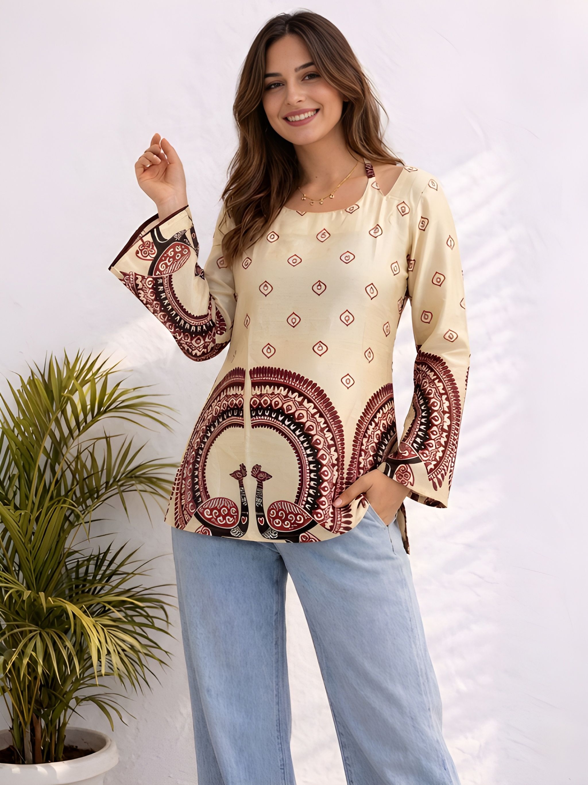 Off White Kalamkari Printed Cotton Short Kurti