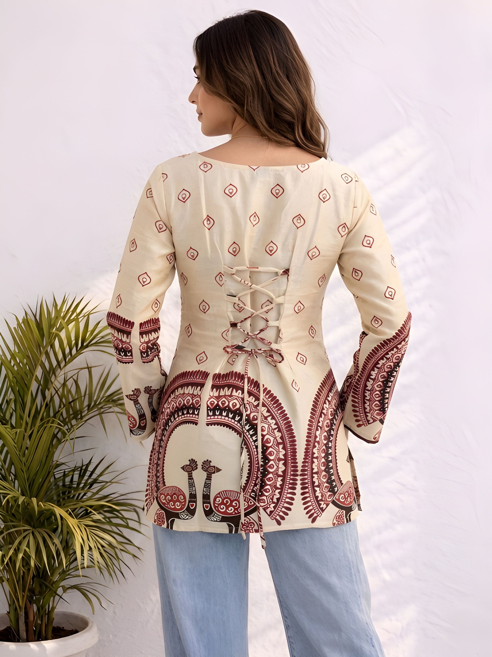 Off White Kalamkari Printed Cotton Short Kurti — alternate view