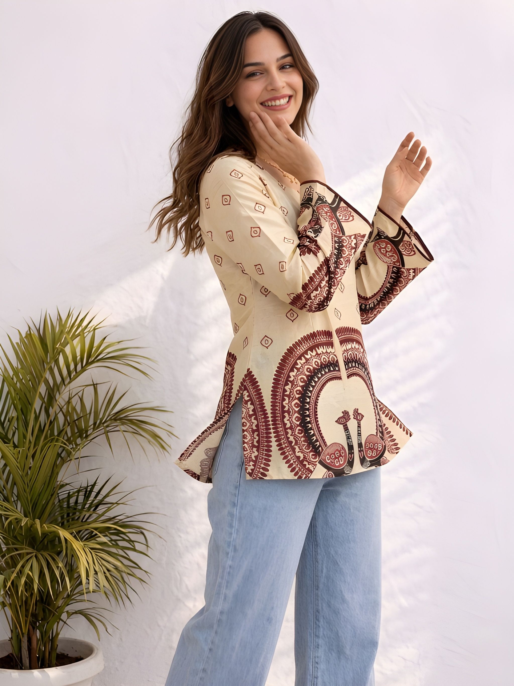 Off White Kalamkari Printed Cotton Short Kurti