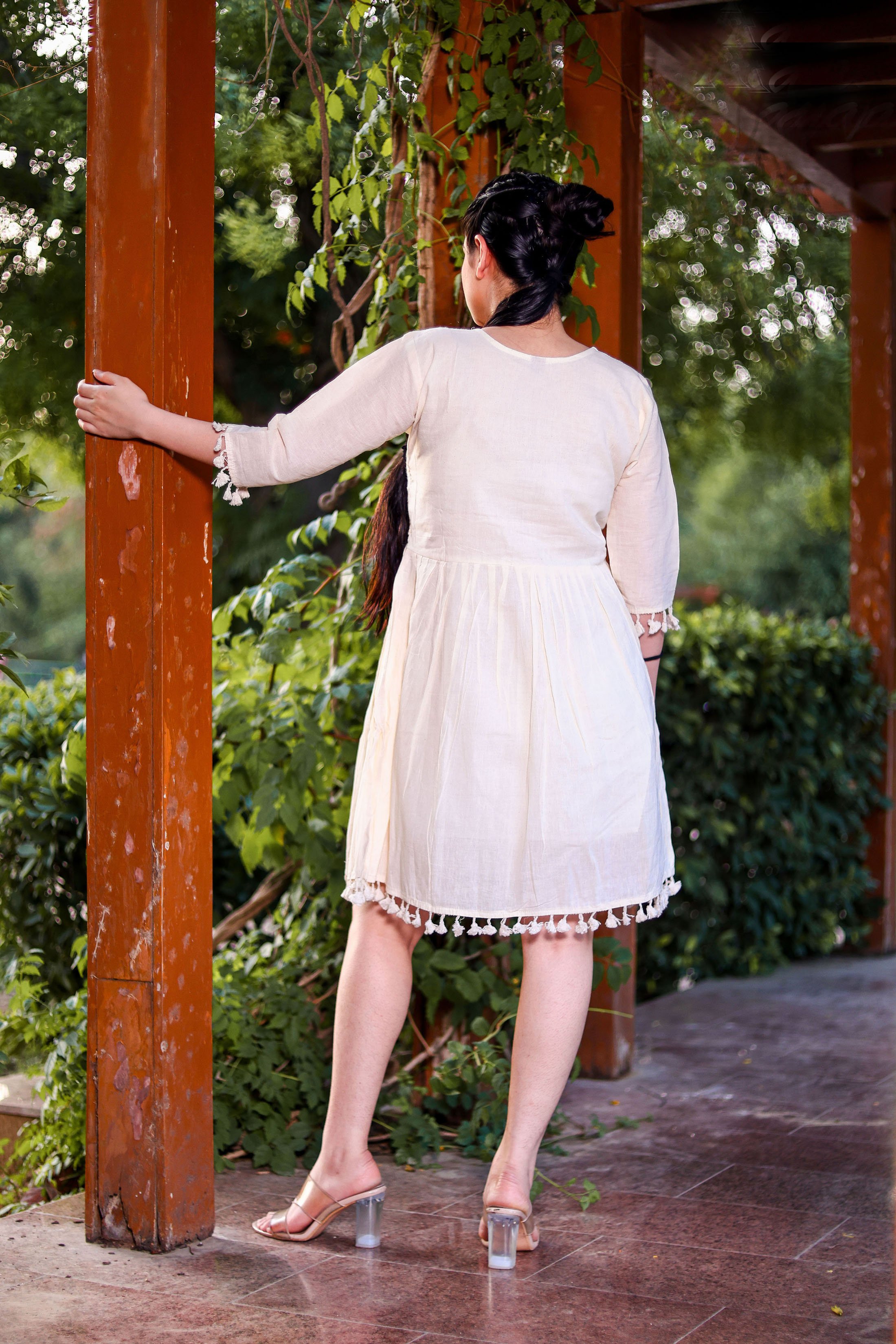 Off-White Khadi Cotton Multi-Thread Hand Work Short Kurti — alternate view