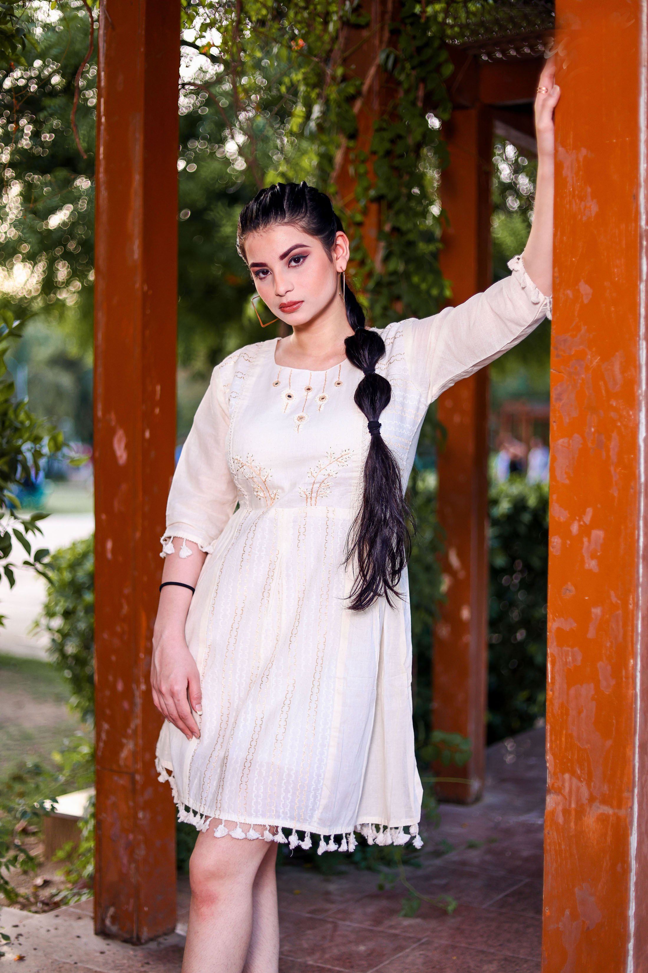 Off-White Khadi Cotton Multi-Thread Hand Work Short Kurti