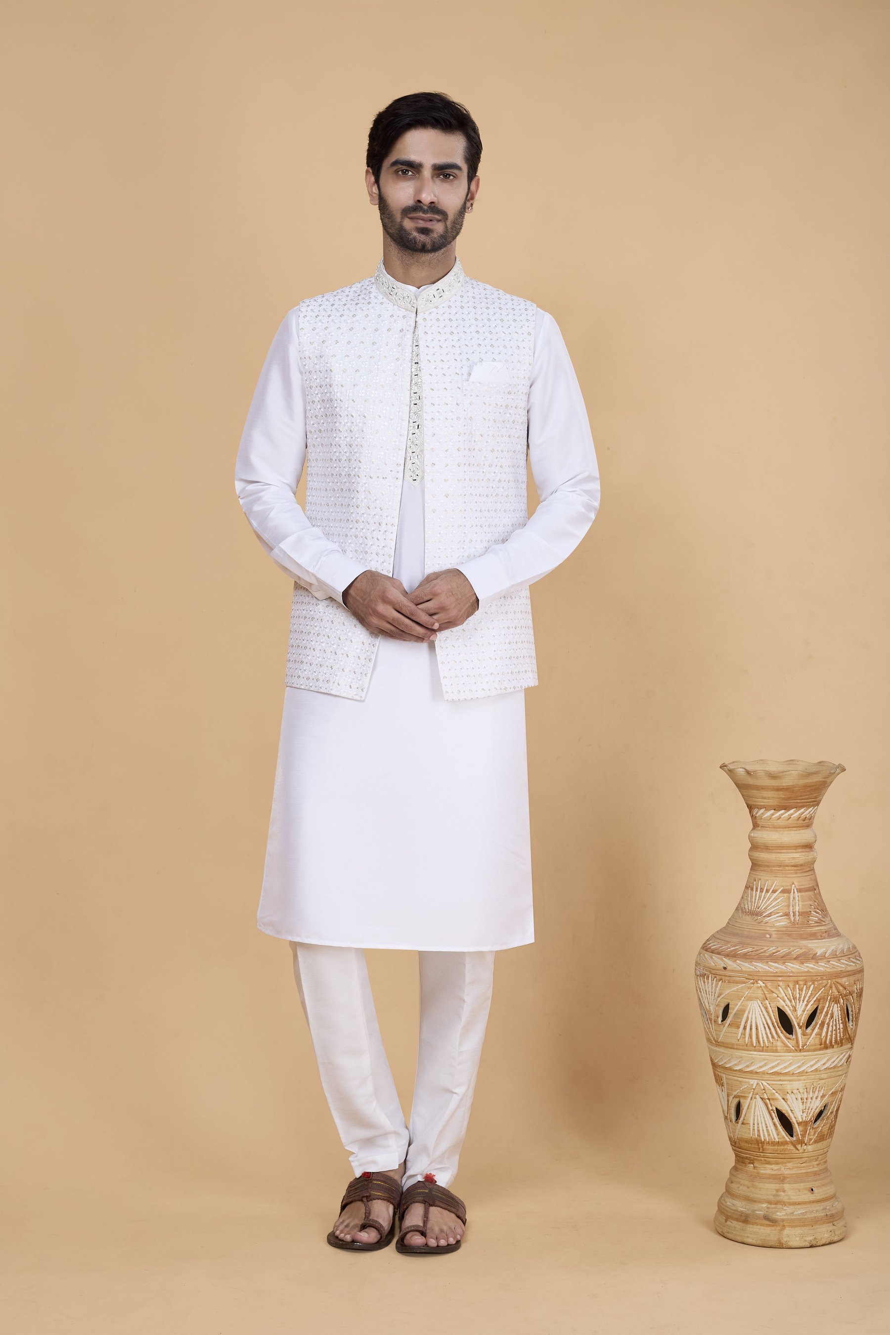 Off White Kurta with Off White Jacket Banarasi Silk Kurta Pyjama