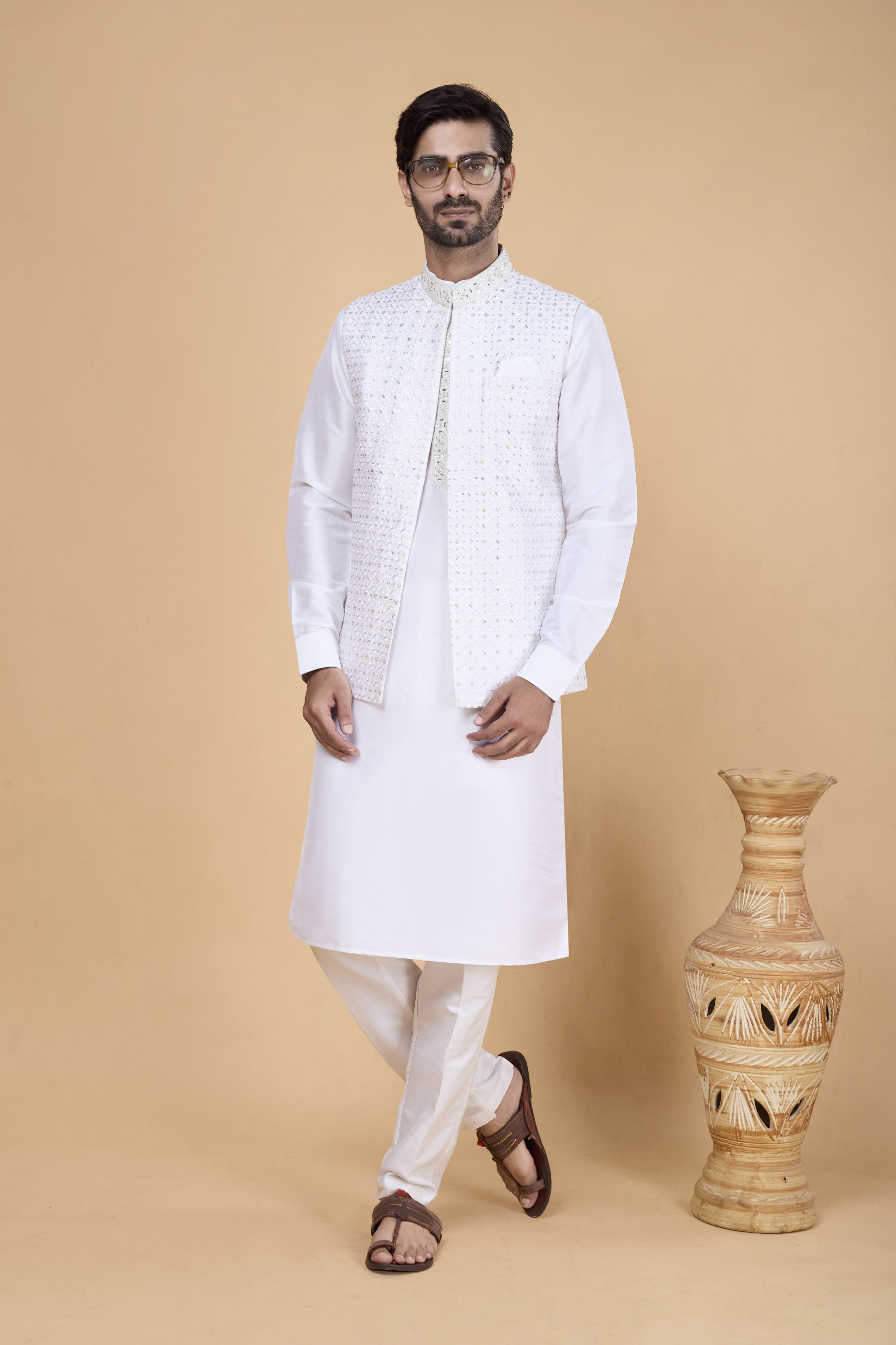 Off White Kurta with Off White Jacket Banarasi Silk Kurta Pyjama