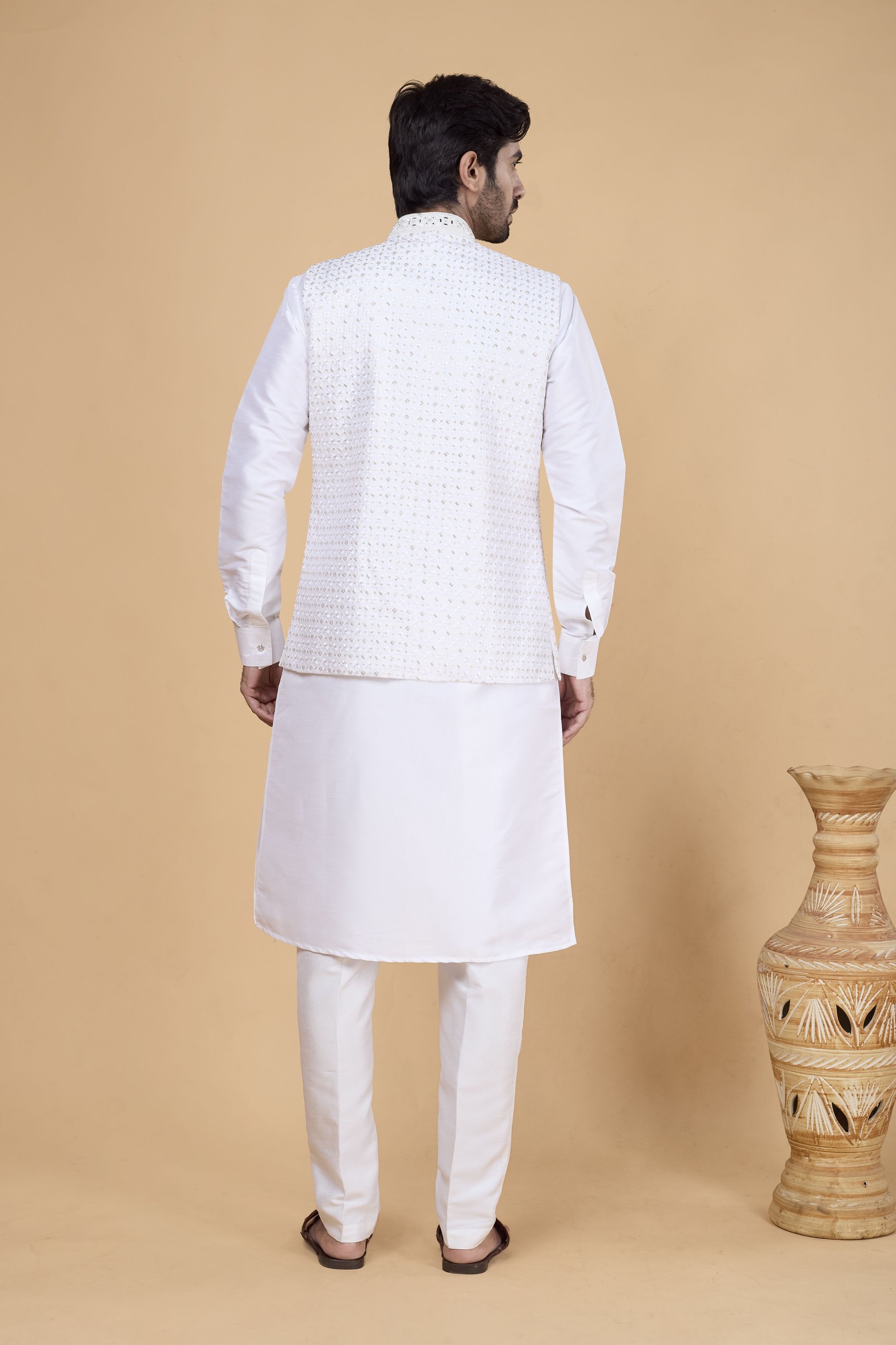 Off White Kurta with Off White Jacket Banarasi Silk Kurta Pyjama