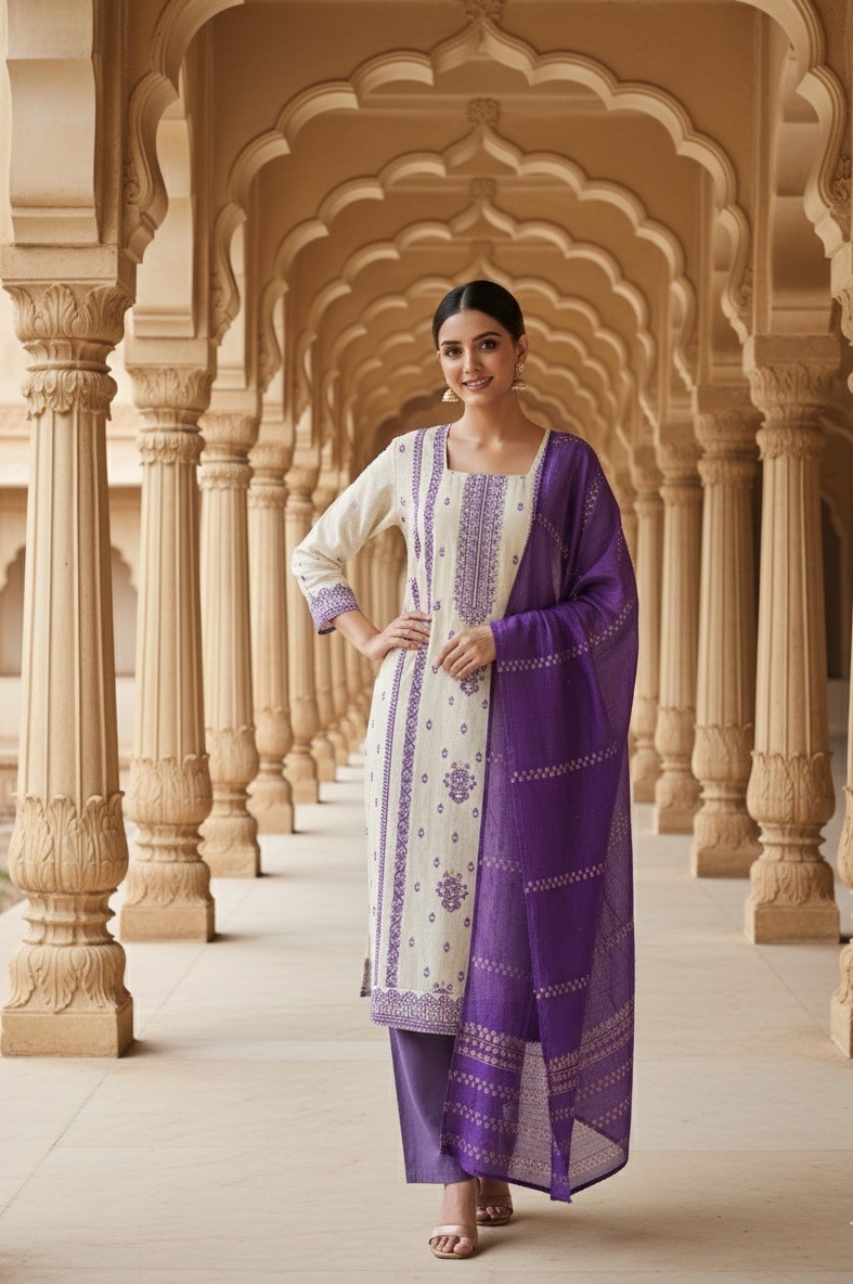 Off White Lavender Panelled Straight Salwar Suit