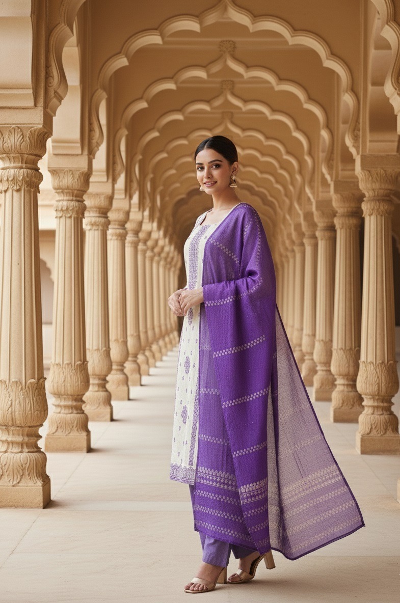 Off White Lavender Panelled Straight Salwar Suit