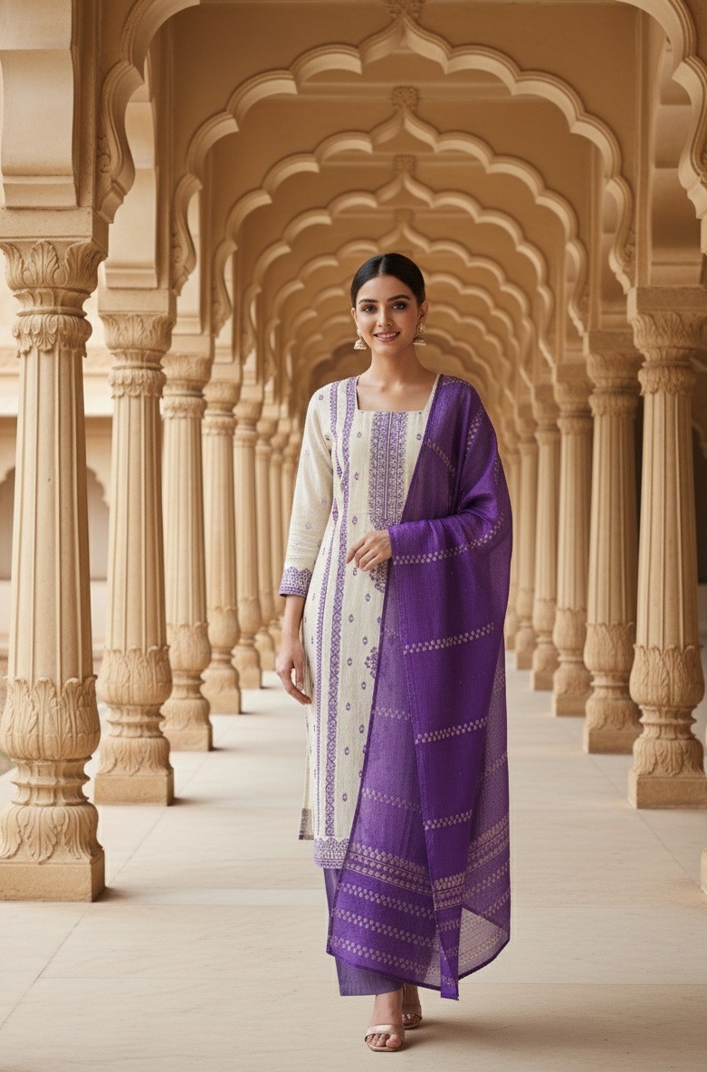 Off White Lavender Panelled Straight Salwar Suit