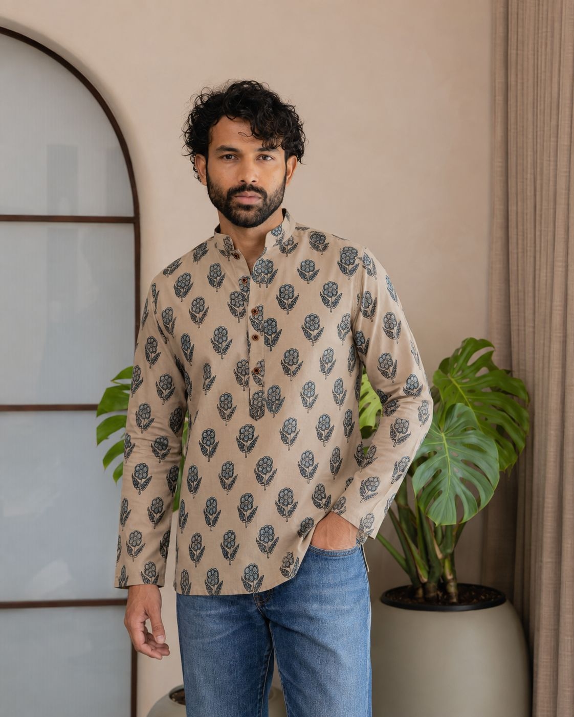 Off White Leaf Printed Swiss Linen Short Kurta