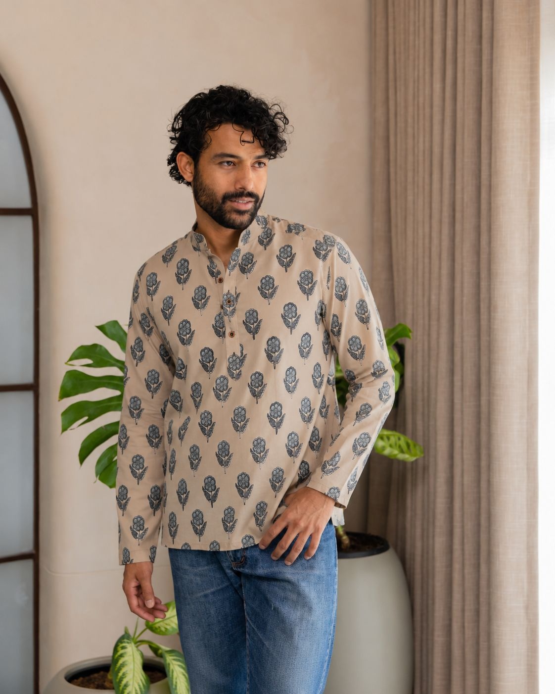 Off White Leaf Printed Swiss Linen Short Kurta