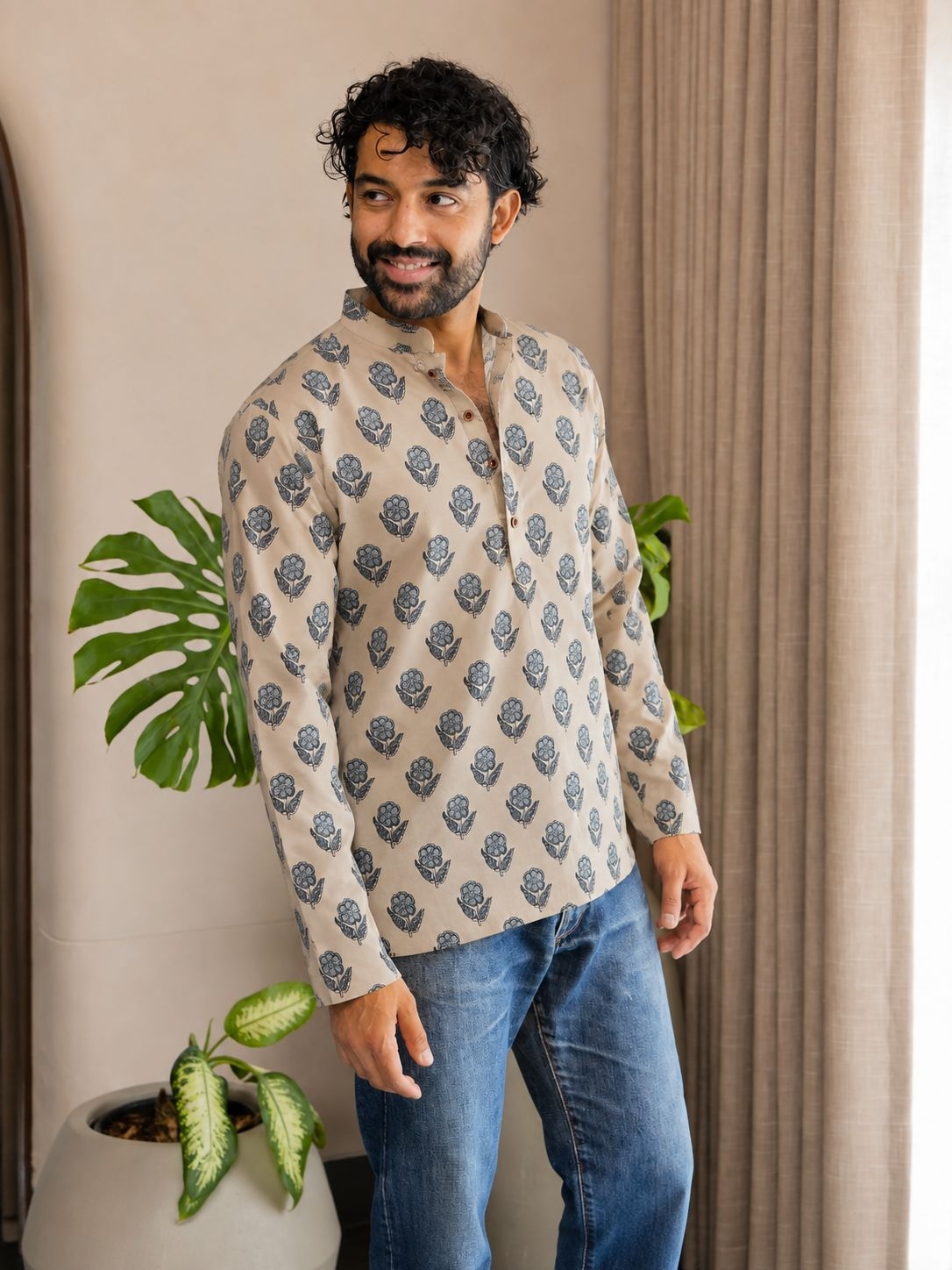 Off White Leaf Printed Swiss Linen Short Kurta