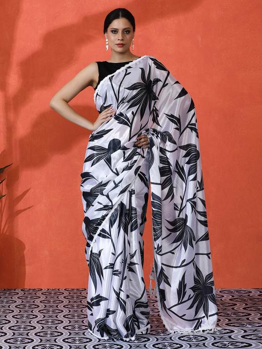 Off White Leafy Chinnon Digital Printed Saree