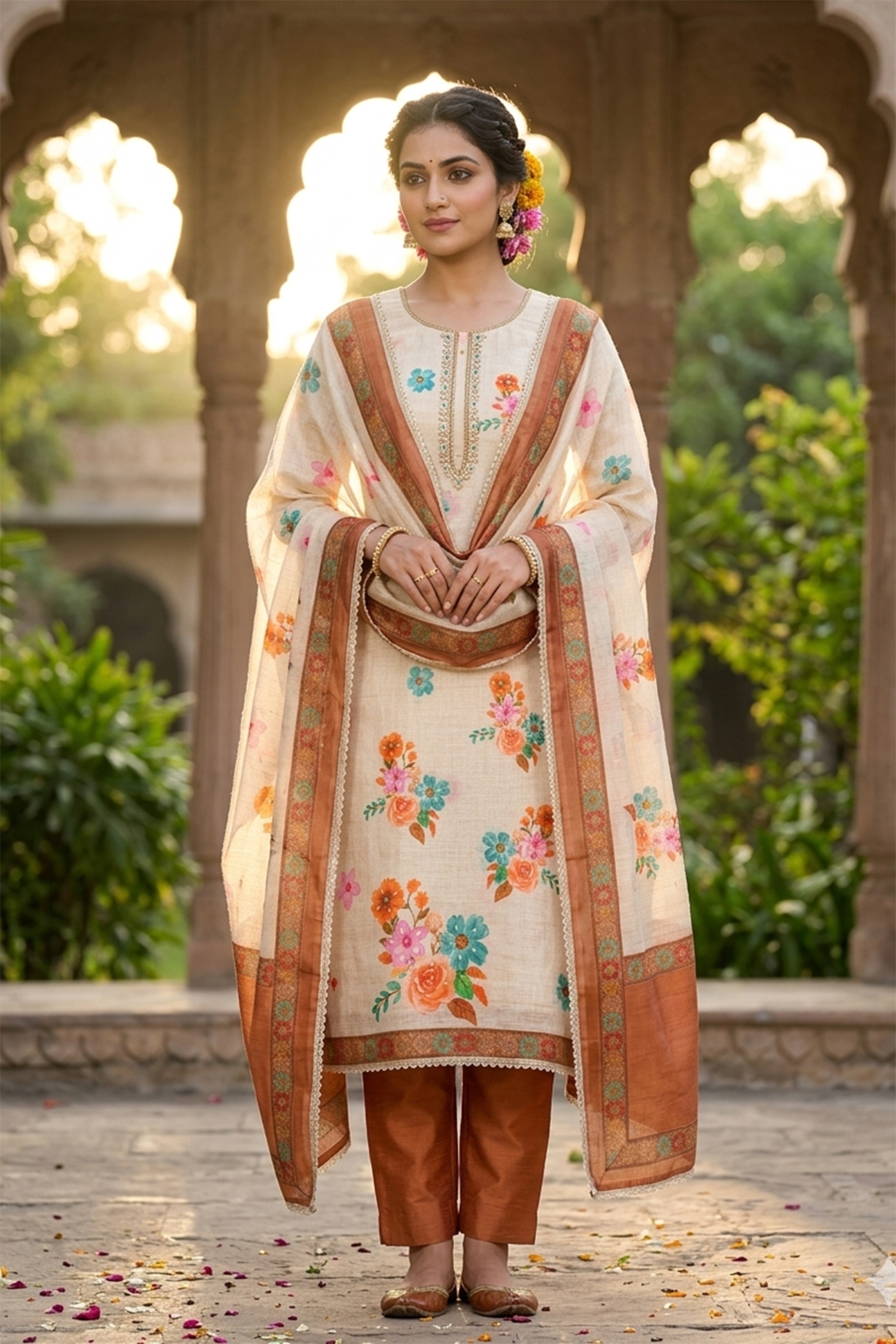 Off White Light Brown Floral Digital Printed Linen Cotton Salwar Suit