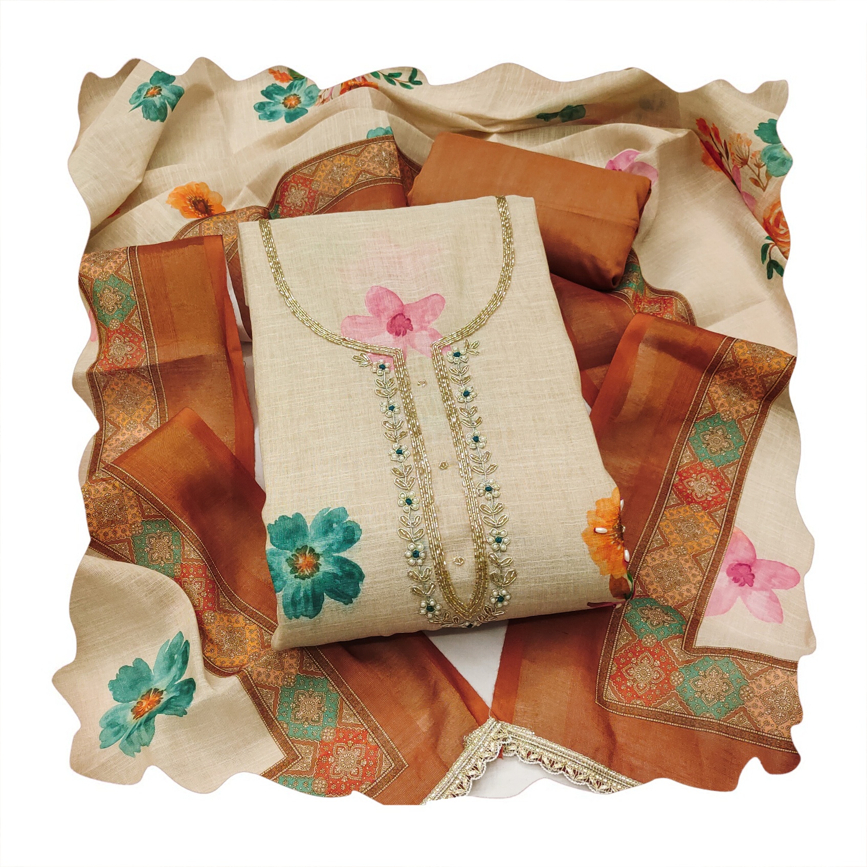 Off White Light Brown Floral Digital Printed Linen Cotton Salwar Suit — alternate view