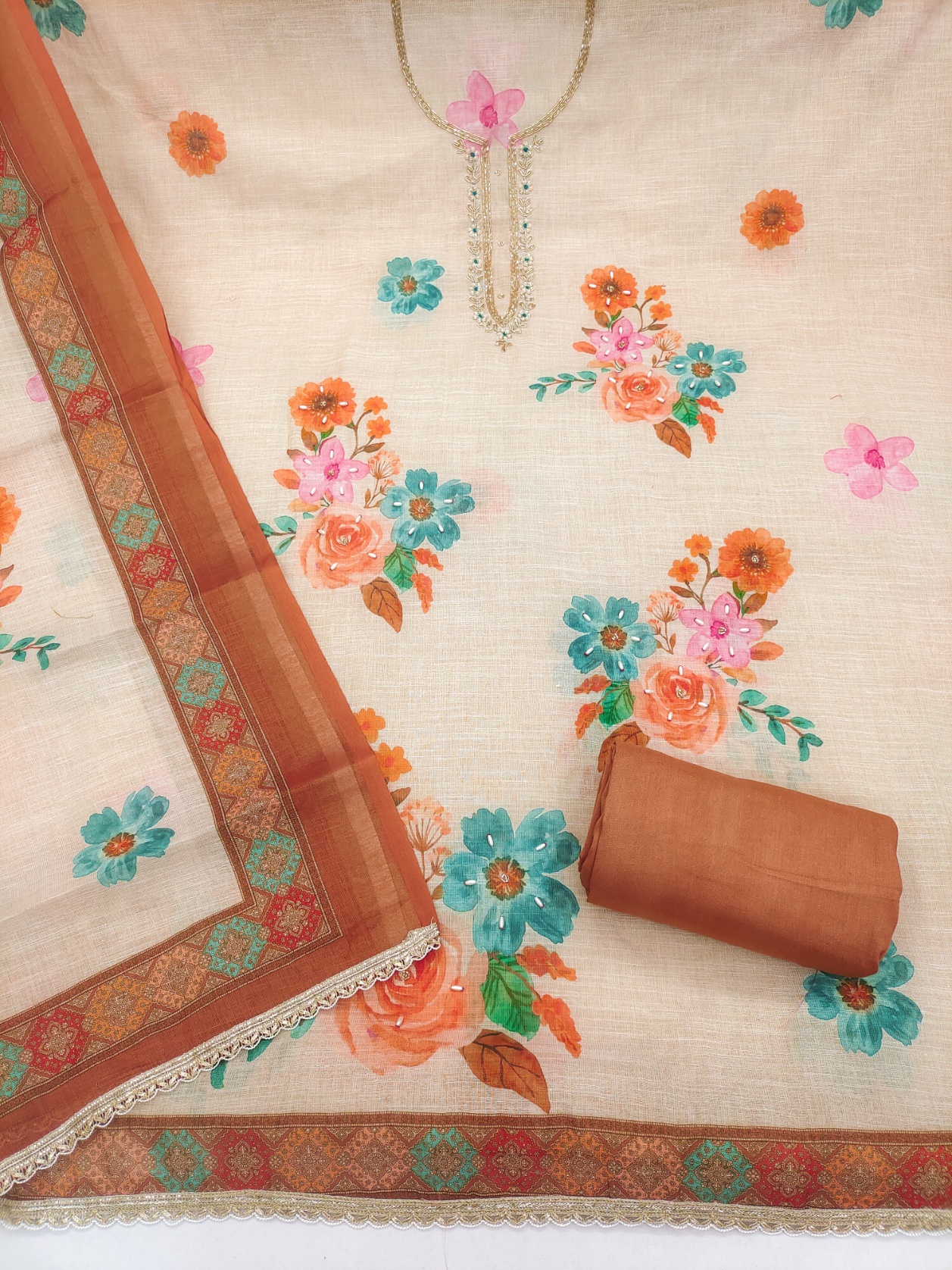 Off White Light Brown Floral Digital Printed Linen Cotton Salwar Suit