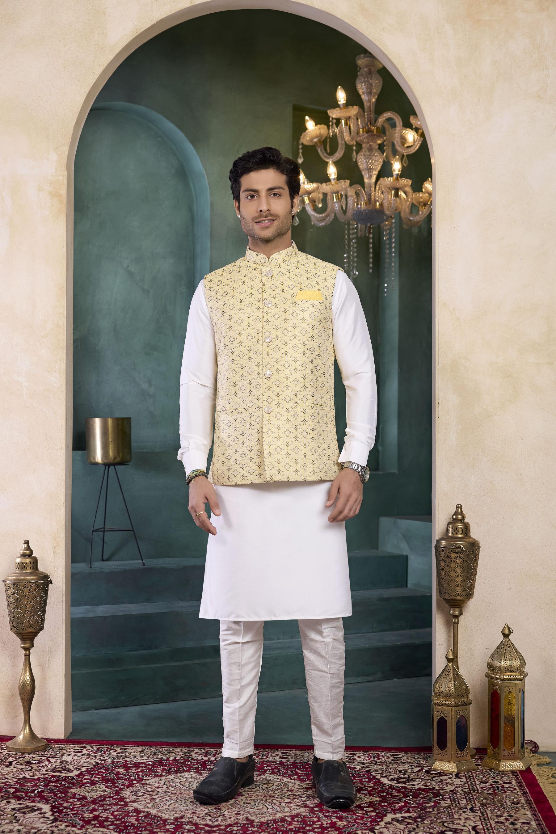 Off White Lime Yellow Banarasi Silk Kurta Pyjama