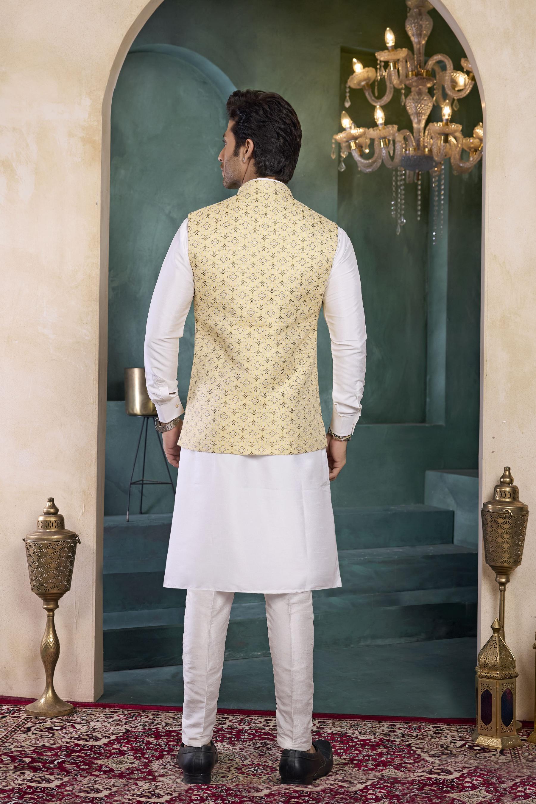 Off White Lime Yellow Banarasi Silk Kurta Pyjama — alternate view